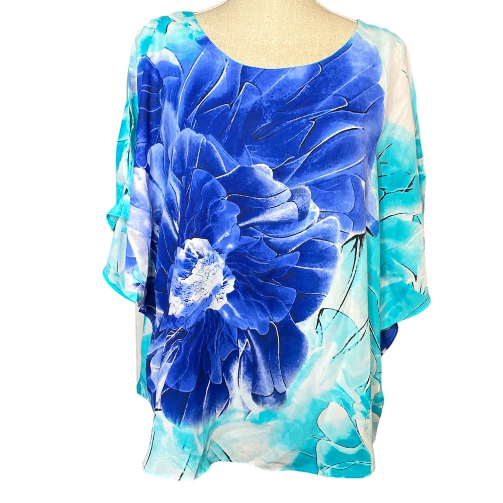 Allison Daley Petite Poncho Style White, Blue & Teal Floral Blouse